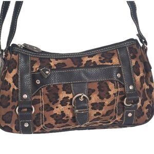 Unbranded Leopard Print Shoulder Bag Purse W Buckle Accents Brown And Black